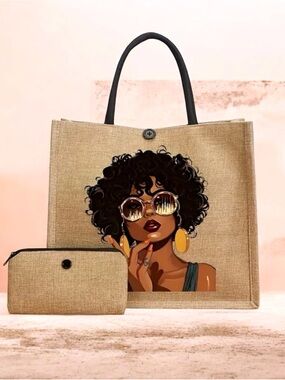 Stylish khaki Jute Tote Bag and Pouch set
